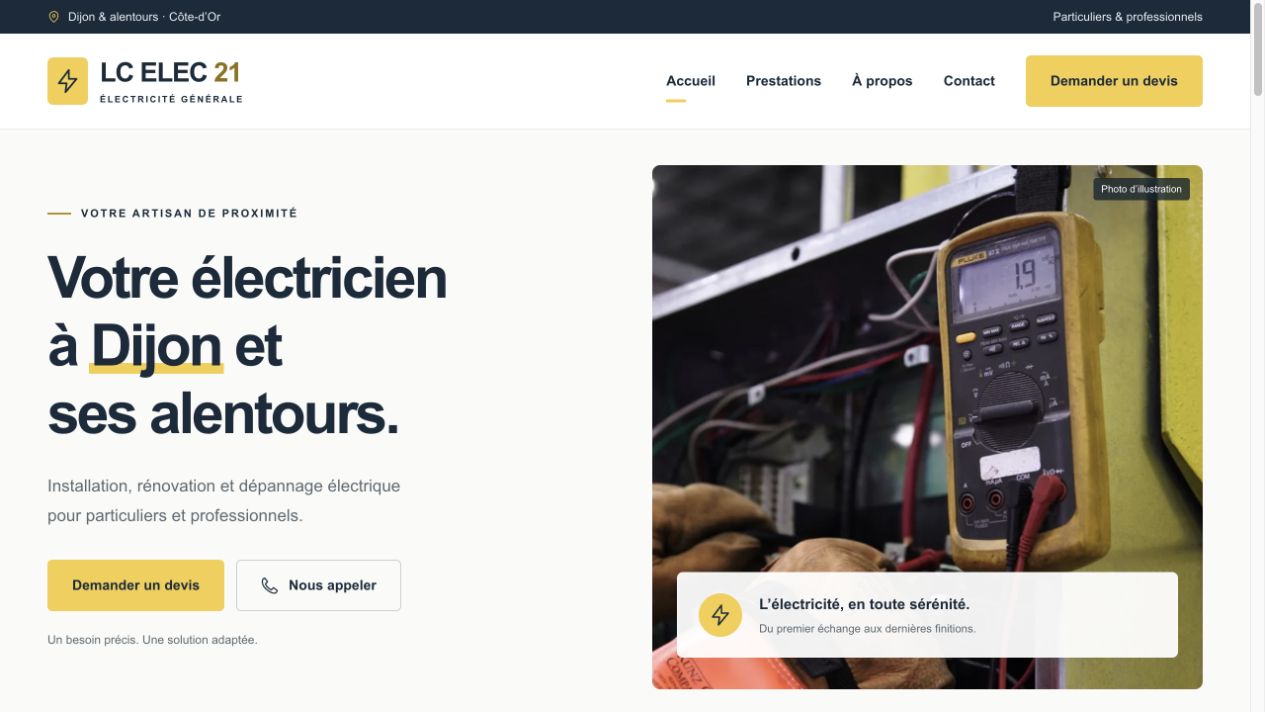 Page d’accueil de LC ELEC 21, avec une présentation de services électriques